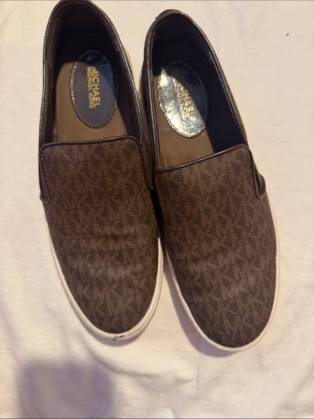 Michael Kors Men’s Brown MK Logo Slip-On Sneakers with White Trim